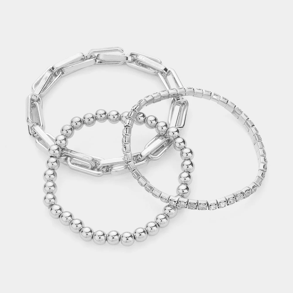 Stretch Bead/Crystal/Chain Bracelet Set - White Gold - Image 3